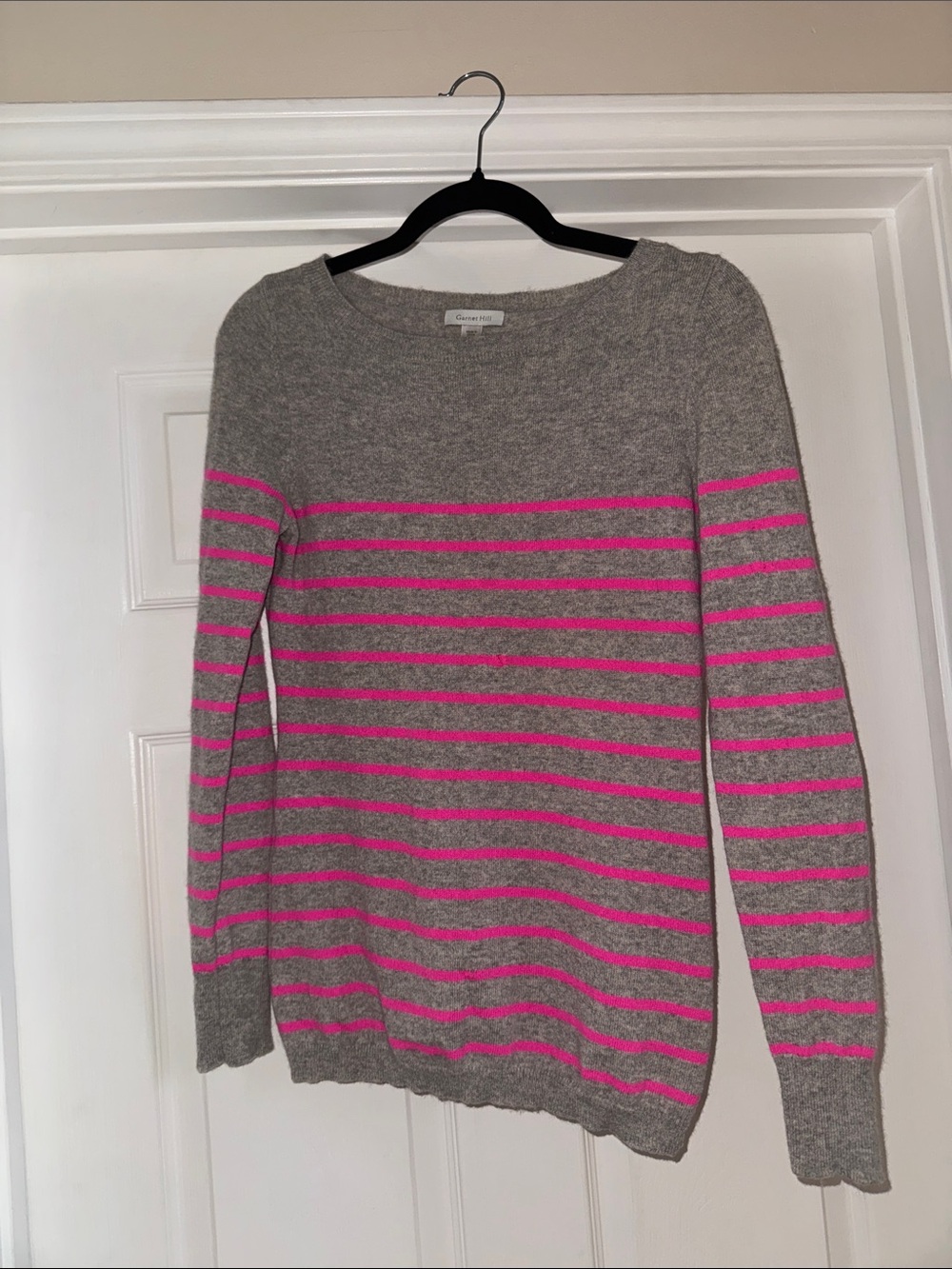 Garnet Hill Cashmere Grey and Pink Striped Sweater